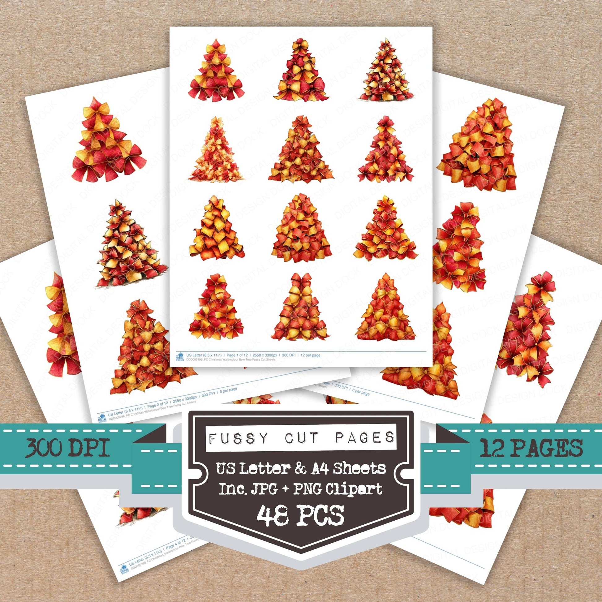 Christmas Watercolour Bow Tree fussy cut printable sheets for junk journaling, scrapbooking, and paper craft projects