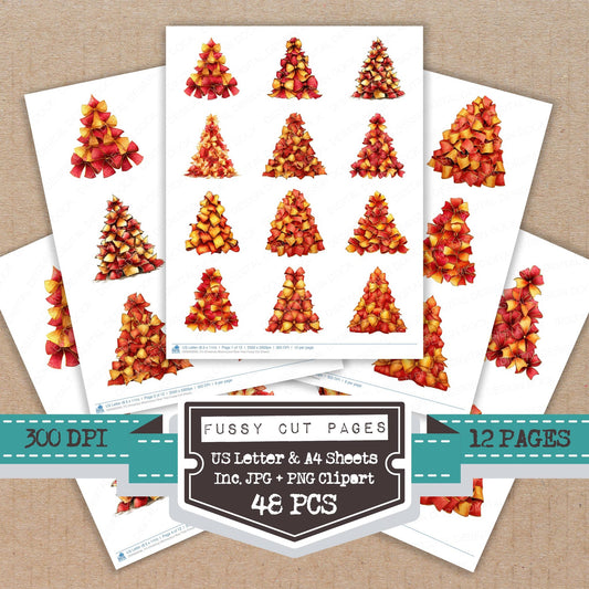 Christmas Watercolour Bow Tree fussy cut printable sheets for junk journaling, scrapbooking, and paper craft projects