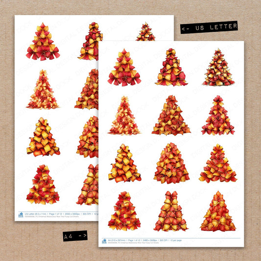 A4 and US Letter format comparison showing Christmas Watercolour Bow Tree fussy cut pages for print and cut crafting