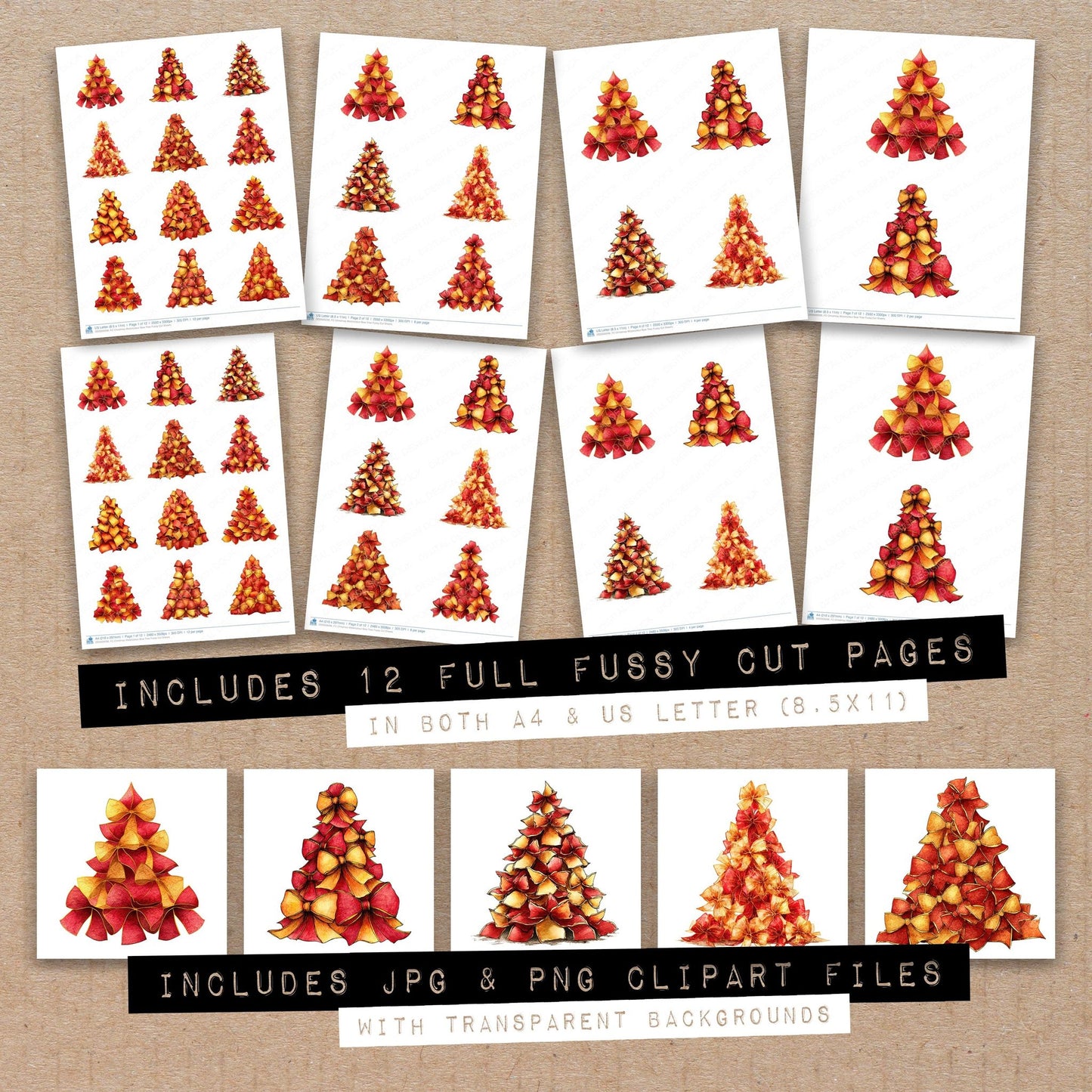 Full collection view of Christmas Watercolour Bow Tree fussy cut sheets with bonus clipart JPG and PNG files