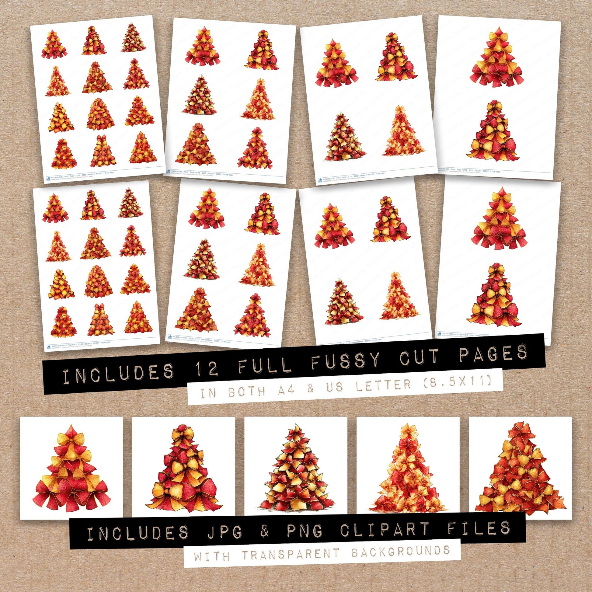 Full collection view of Christmas Watercolour Bow Tree fussy cut sheets with bonus clipart JPG and PNG files