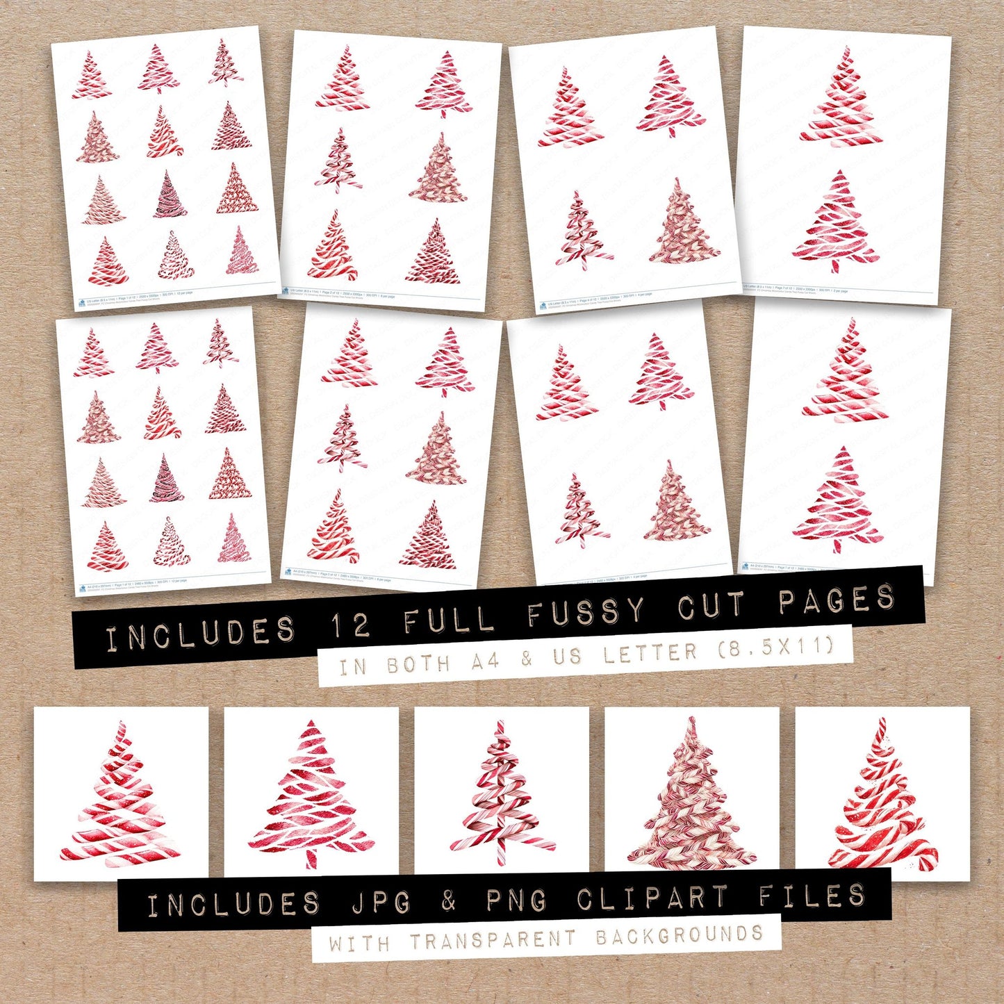 Full collection view of Christmas Watercolour Candy Tree fussy cut sheets with bonus clipart JPG and PNG files