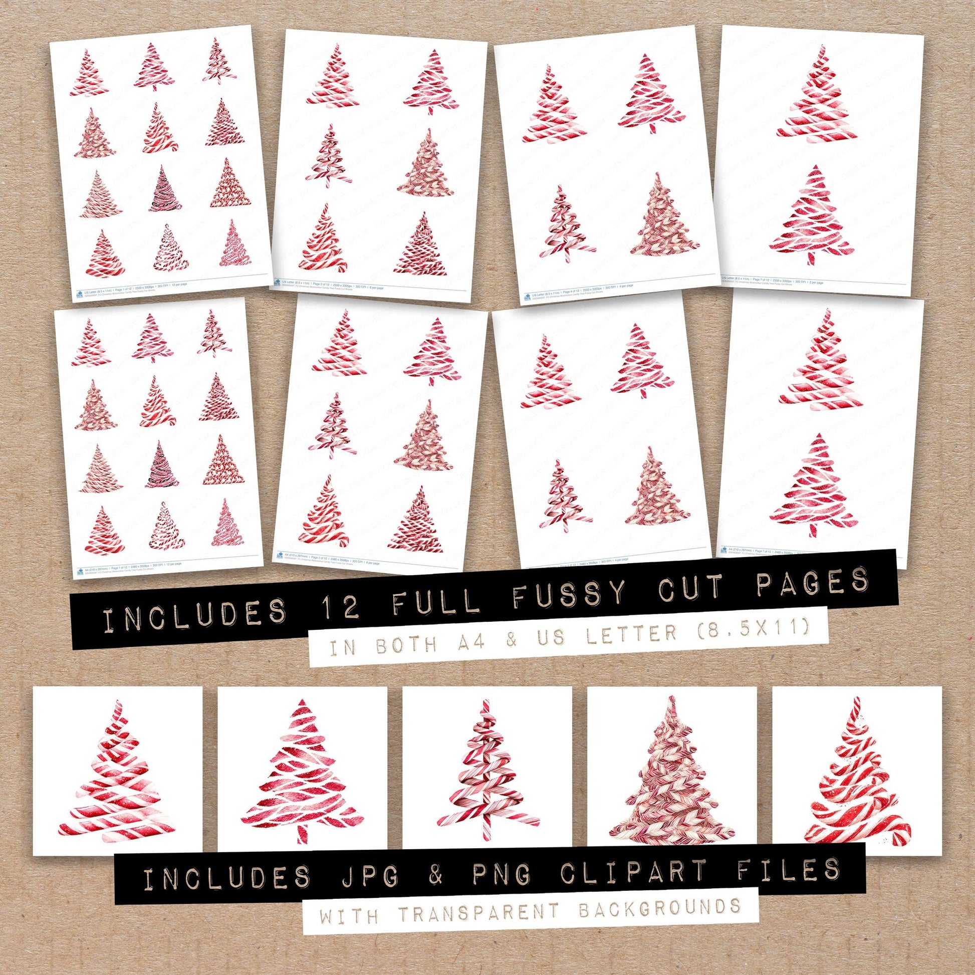 Full collection view of Christmas Watercolour Candy Tree fussy cut sheets with bonus clipart JPG and PNG files