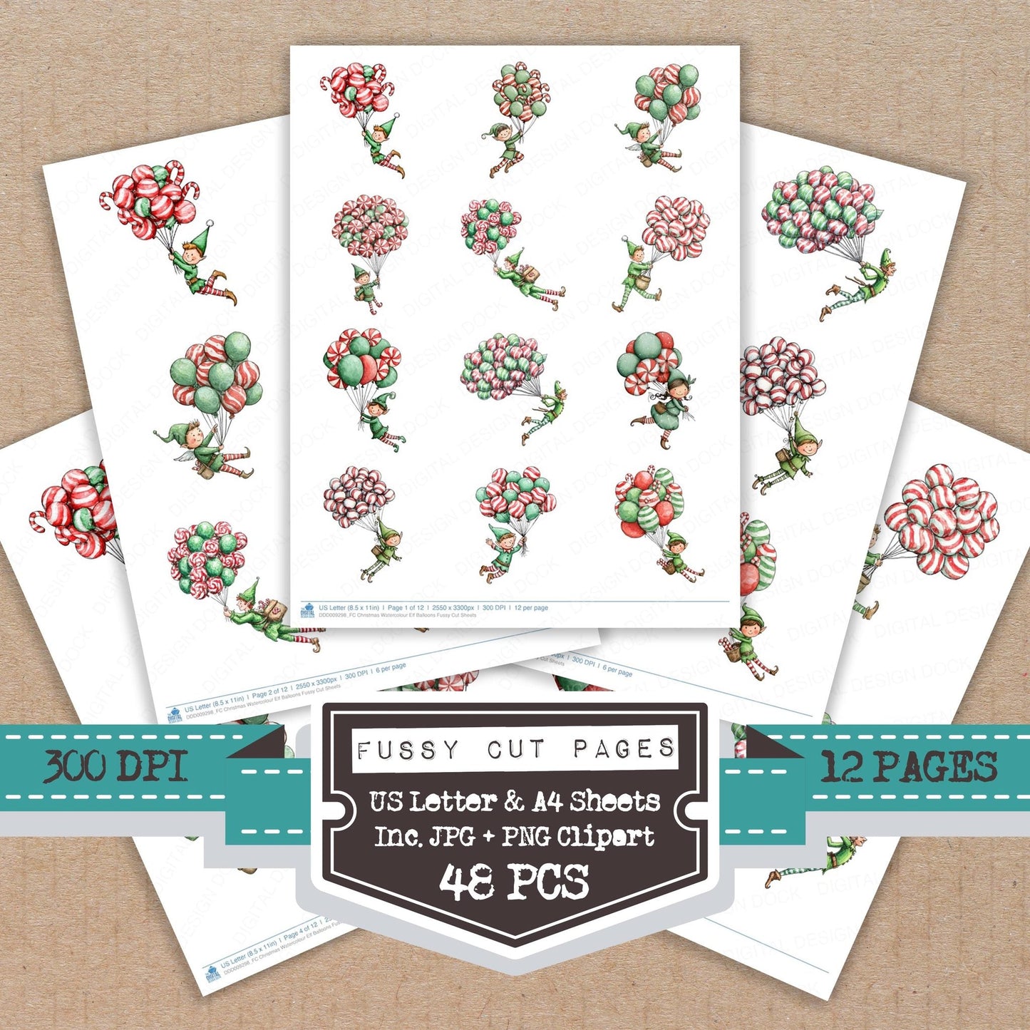 Christmas Watercolour Elf Balloons Fussy Cut Sheets (DDD009298)