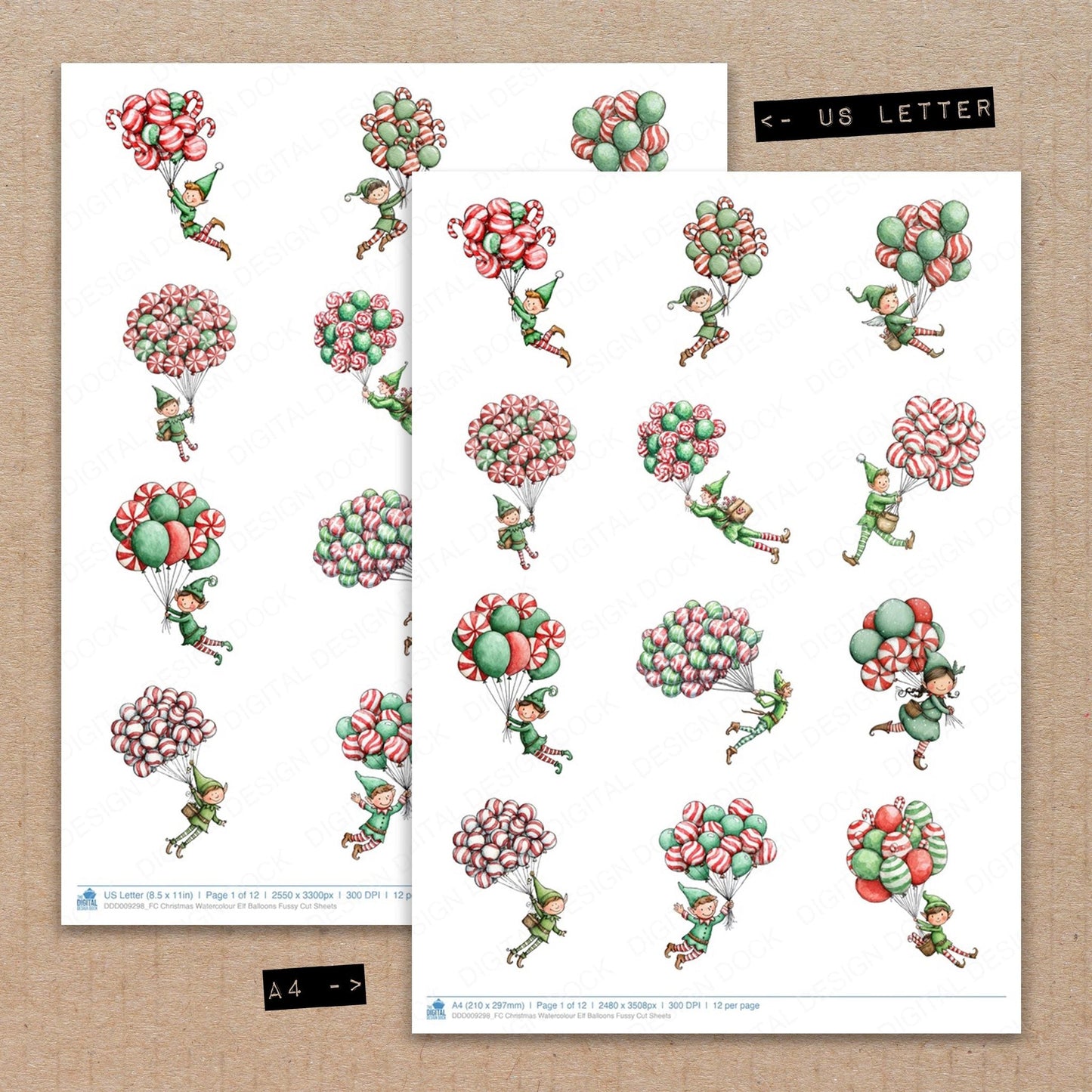 Christmas Watercolour Elf Balloons Fussy Cut Sheets (DDD009298)