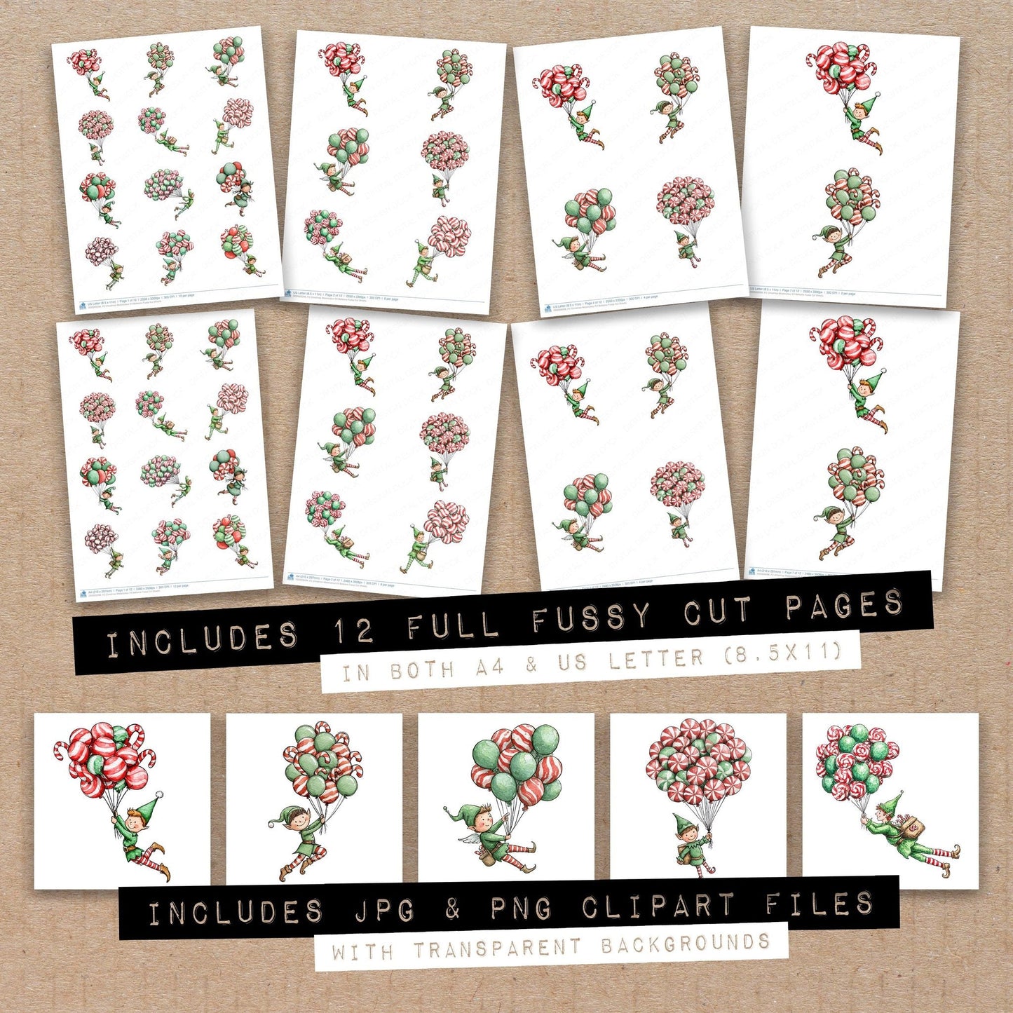 Christmas Watercolour Elf Balloons Fussy Cut Sheets (DDD009298)