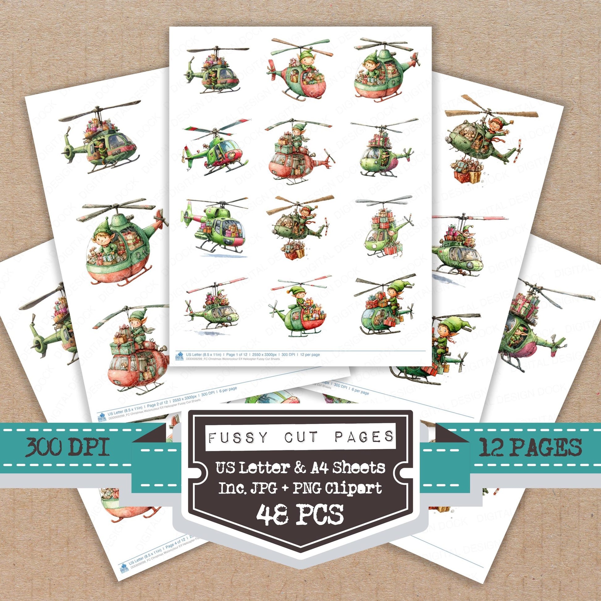 Christmas Watercolour Elf Helicopter fussy cut printable sheets for junk journaling, scrapbooking, and paper craft projects