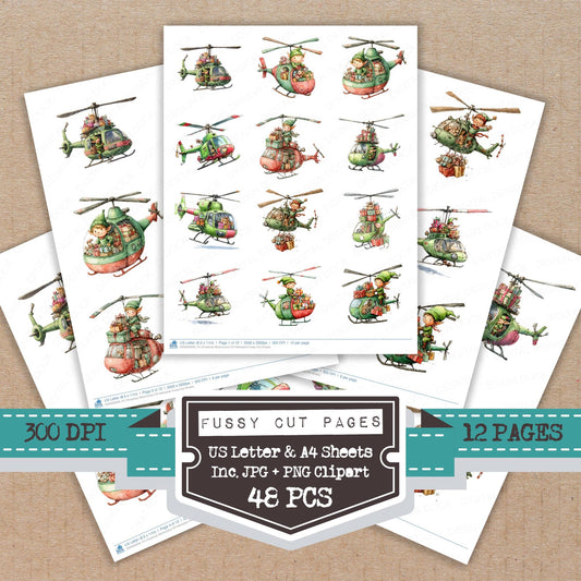 Christmas Watercolour Elf Helicopter fussy cut printable sheets for junk journaling, scrapbooking, and paper craft projects