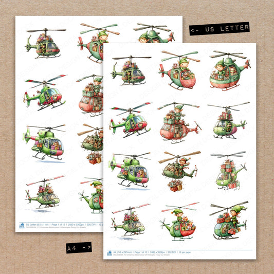 A4 and US Letter format comparison showing Christmas Watercolour Elf Helicopter fussy cut pages for print and cut crafting