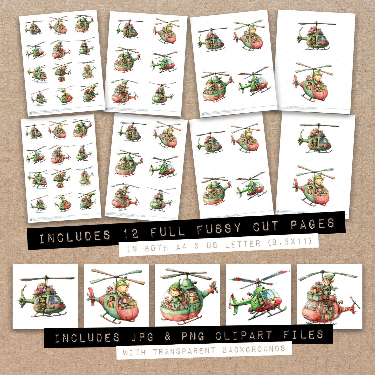 Full collection view of Christmas Watercolour Elf Helicopter fussy cut sheets with bonus clipart JPG and PNG files