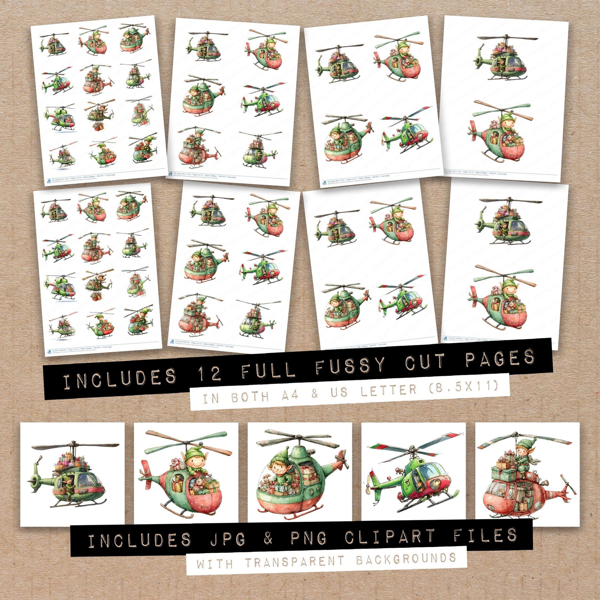 Full collection view of Christmas Watercolour Elf Helicopter fussy cut sheets with bonus clipart JPG and PNG files