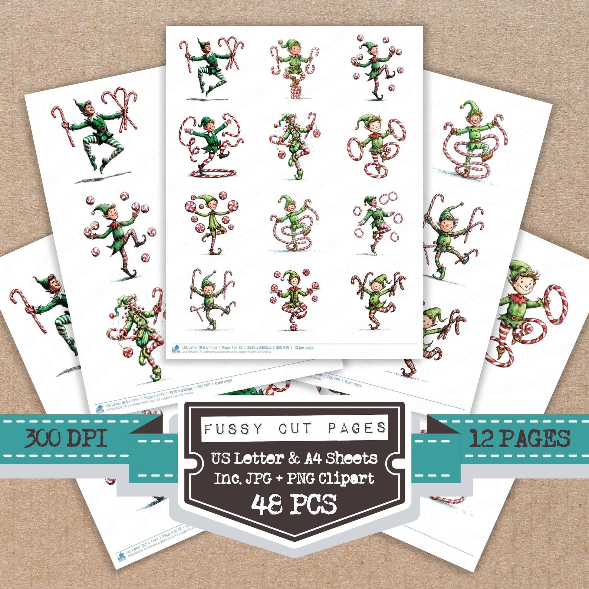 Christmas Watercolour Elf Juggler fussy cut printable sheets for junk journaling, scrapbooking, and paper craft projects