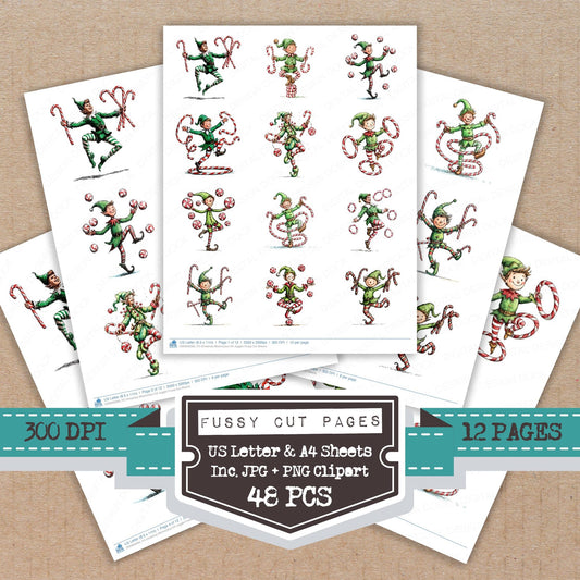 Christmas Watercolour Elf Juggler fussy cut printable sheets for junk journaling, scrapbooking, and paper craft projects