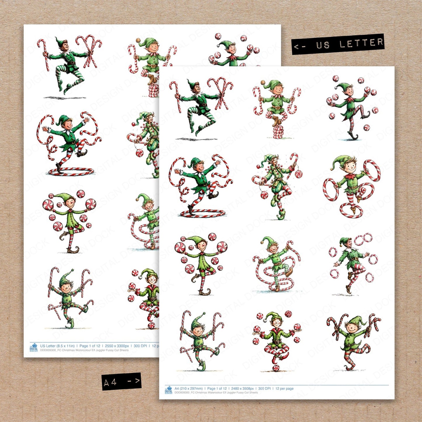A4 and US Letter format comparison showing Christmas Watercolour Elf Juggler fussy cut pages for print and cut crafting