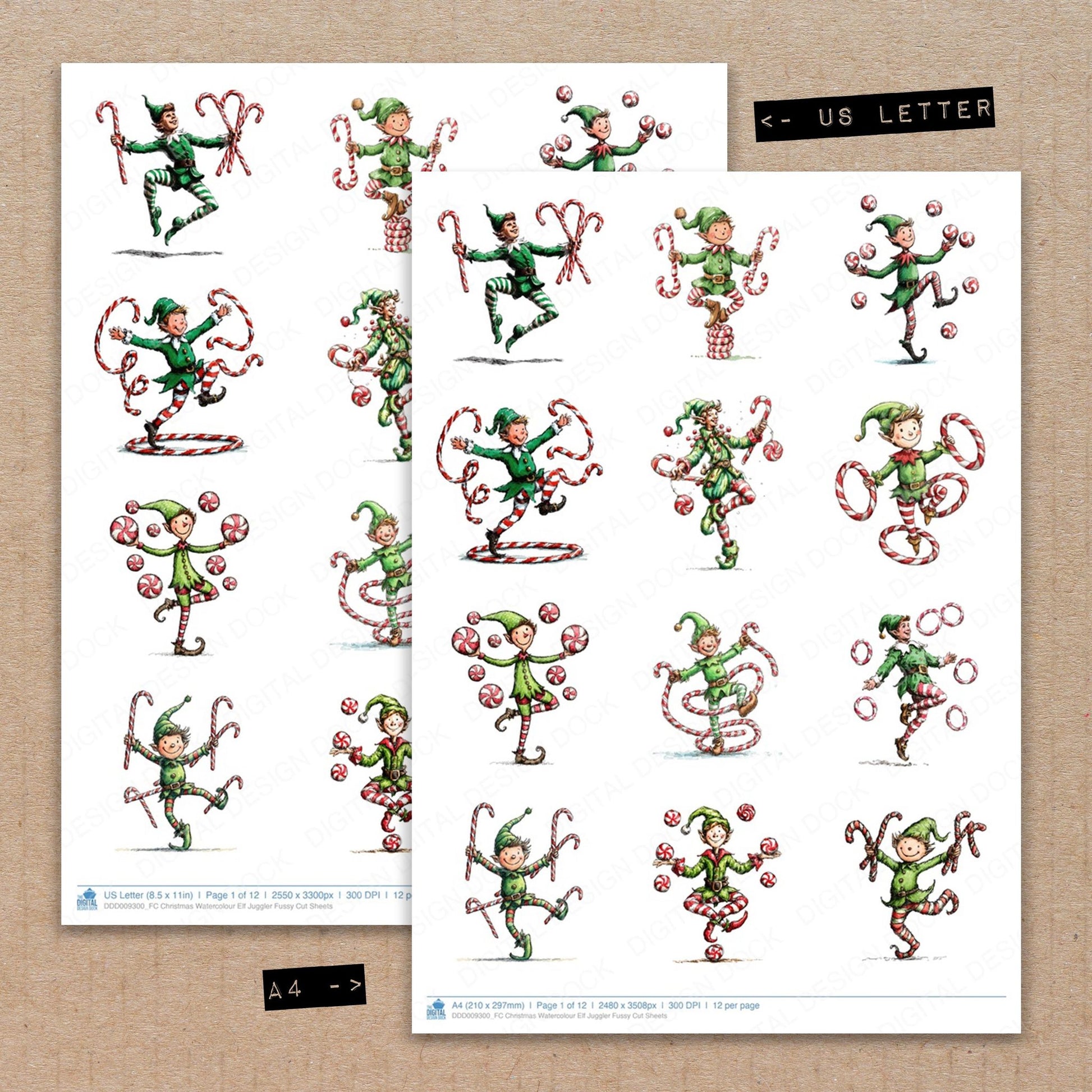 A4 and US Letter format comparison showing Christmas Watercolour Elf Juggler fussy cut pages for print and cut crafting