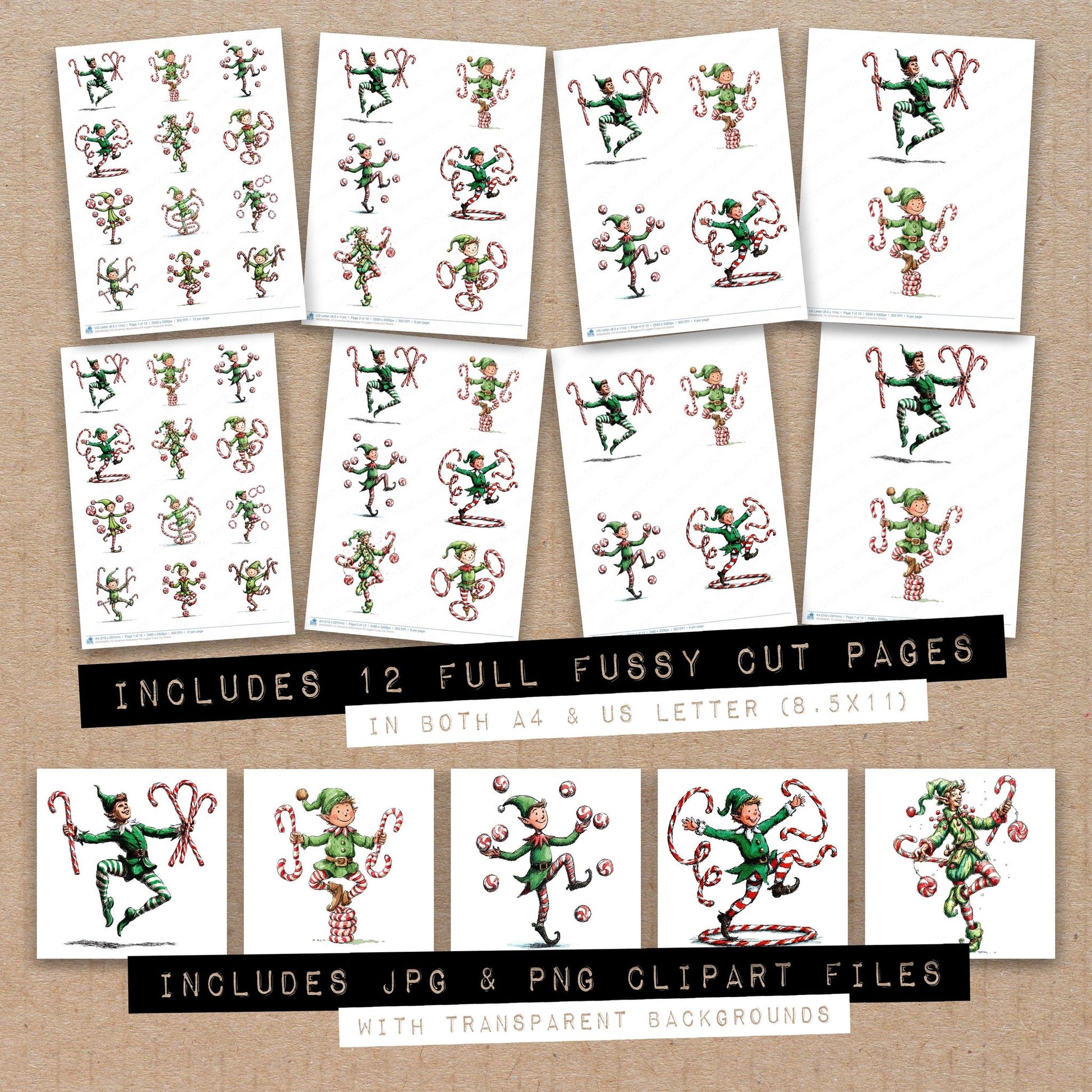 Full collection view of Christmas Watercolour Elf Juggler fussy cut sheets with bonus clipart JPG and PNG files