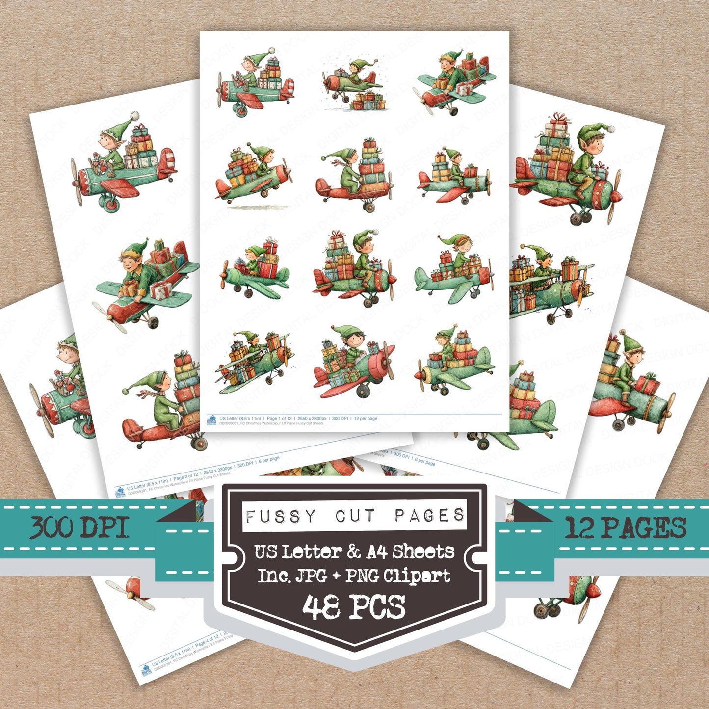 Christmas Watercolour Elf Plane fussy cut printable sheets for junk journaling, scrapbooking, and paper craft projects