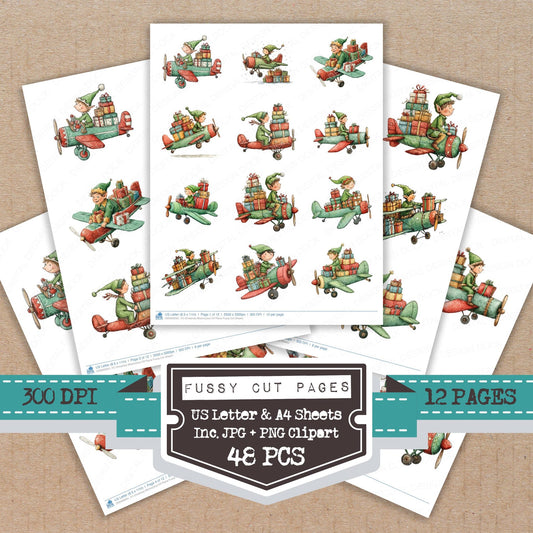 Christmas Watercolour Elf Plane fussy cut printable sheets for junk journaling, scrapbooking, and paper craft projects