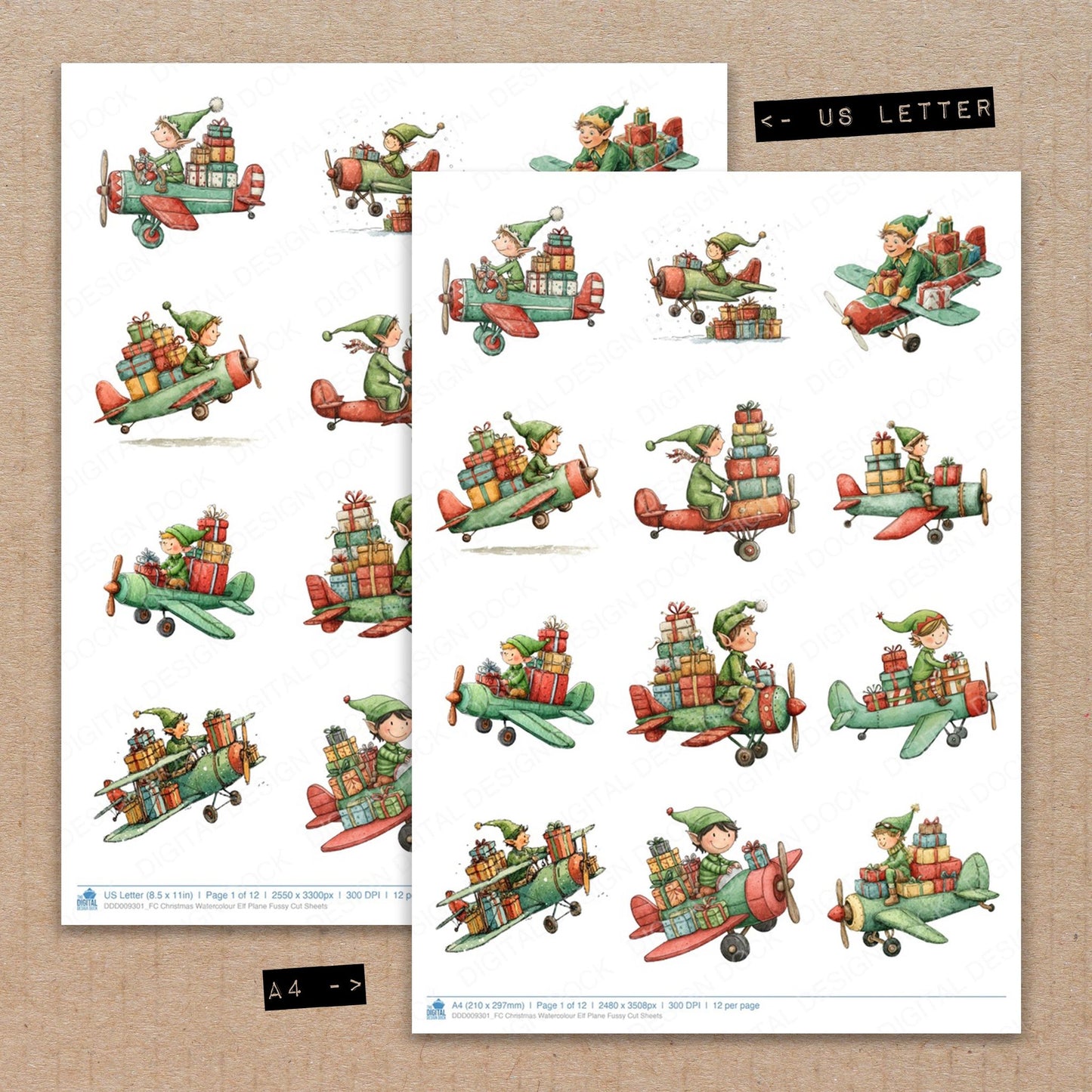 A4 and US Letter format comparison showing Christmas Watercolour Elf Plane fussy cut pages for print and cut crafting