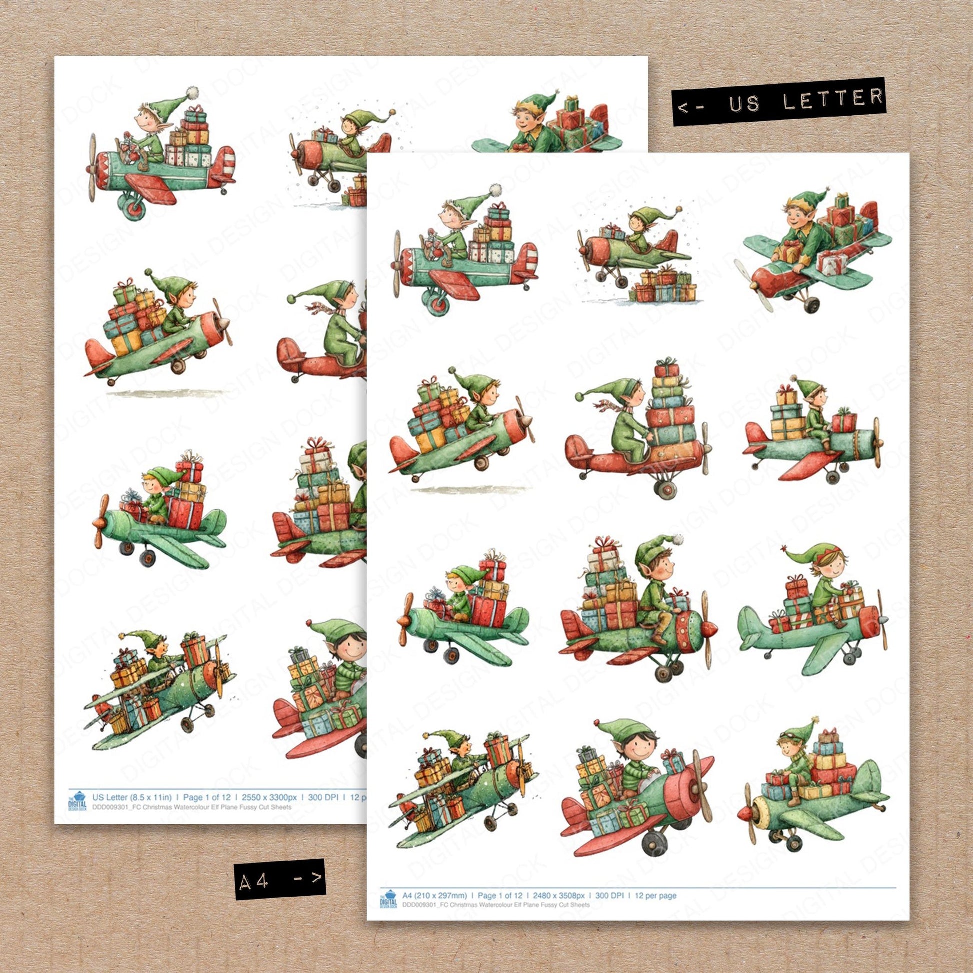 A4 and US Letter format comparison showing Christmas Watercolour Elf Plane fussy cut pages for print and cut crafting
