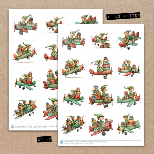 A4 and US Letter format comparison showing Christmas Watercolour Elf Plane fussy cut pages for print and cut crafting
