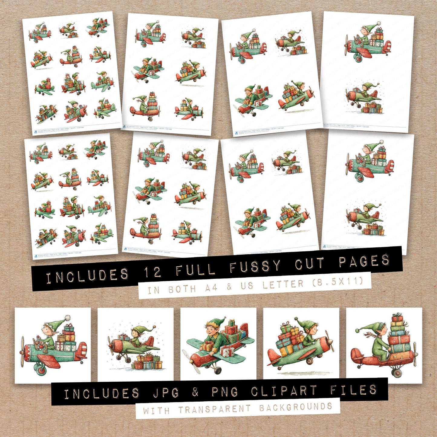 Full collection view of Christmas Watercolour Elf Plane fussy cut sheets with bonus clipart JPG and PNG files