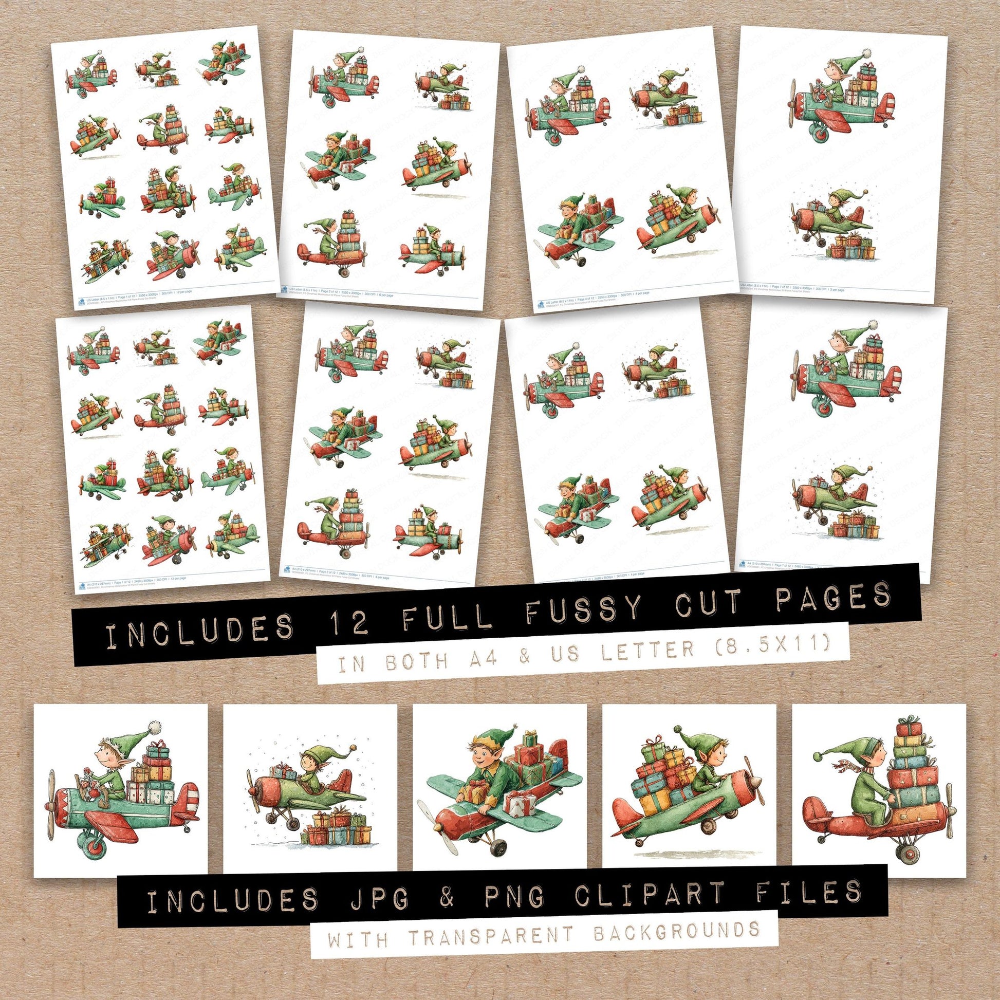 Full collection view of Christmas Watercolour Elf Plane fussy cut sheets with bonus clipart JPG and PNG files