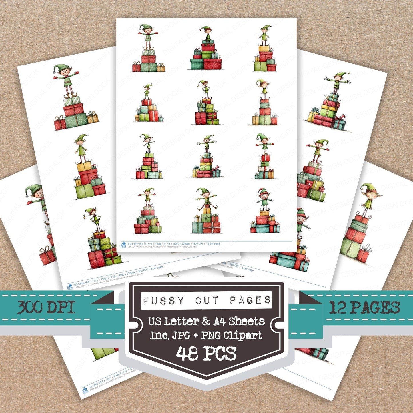 Christmas Watercolour Elf Presents SET A Fussy Cut Sheets (DDD009302)