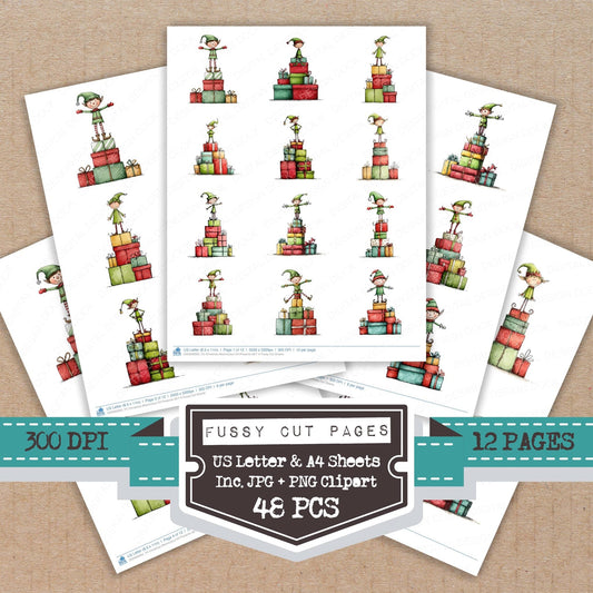 Christmas Watercolour Elf Presents SET A Fussy Cut Sheets (DDD009302)