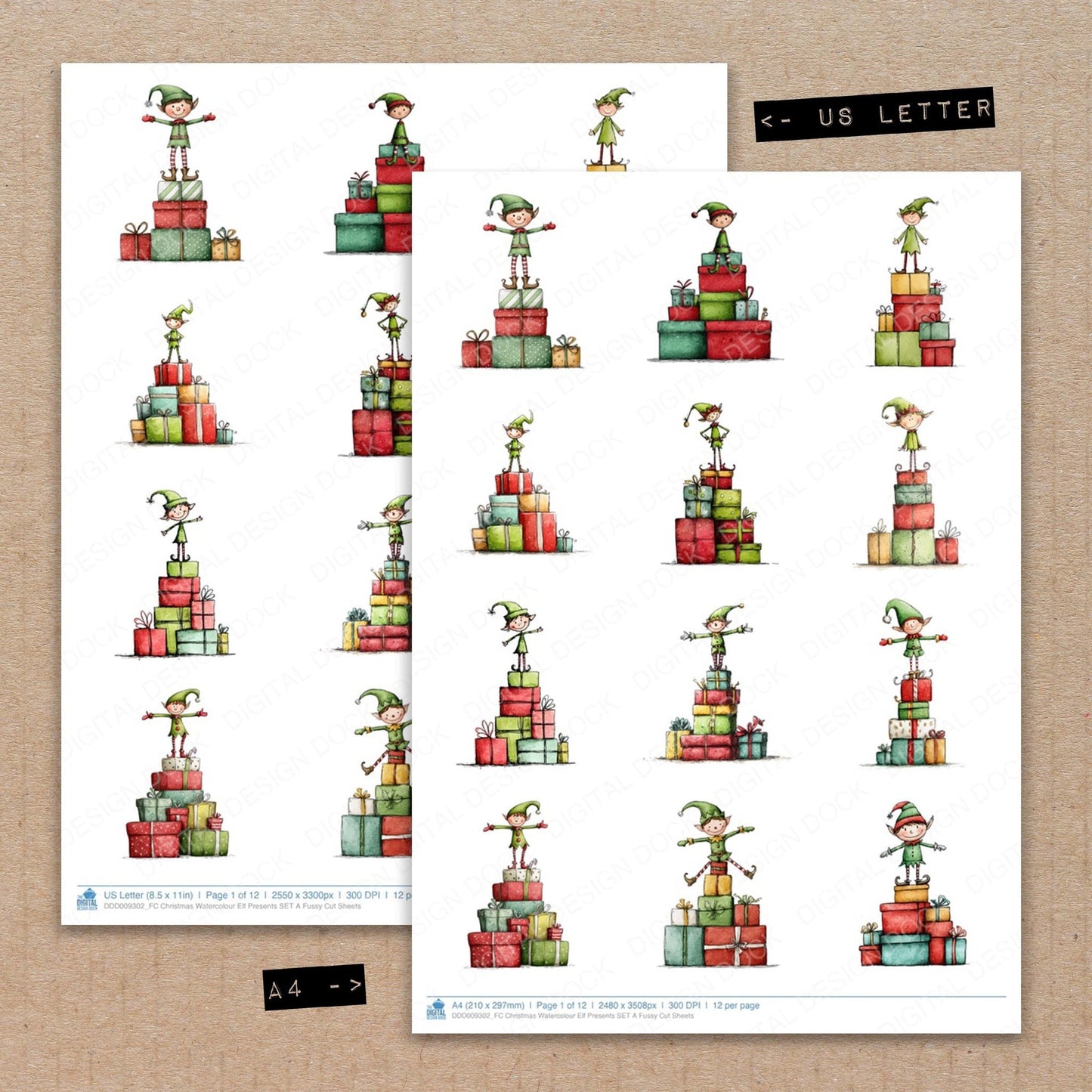 Christmas Watercolour Elf Presents SET A Fussy Cut Sheets (DDD009302)