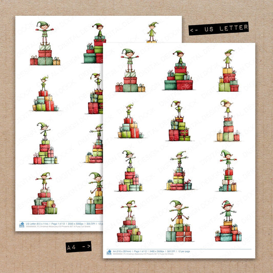 Christmas Watercolour Elf Presents SET A Fussy Cut Sheets (DDD009302)