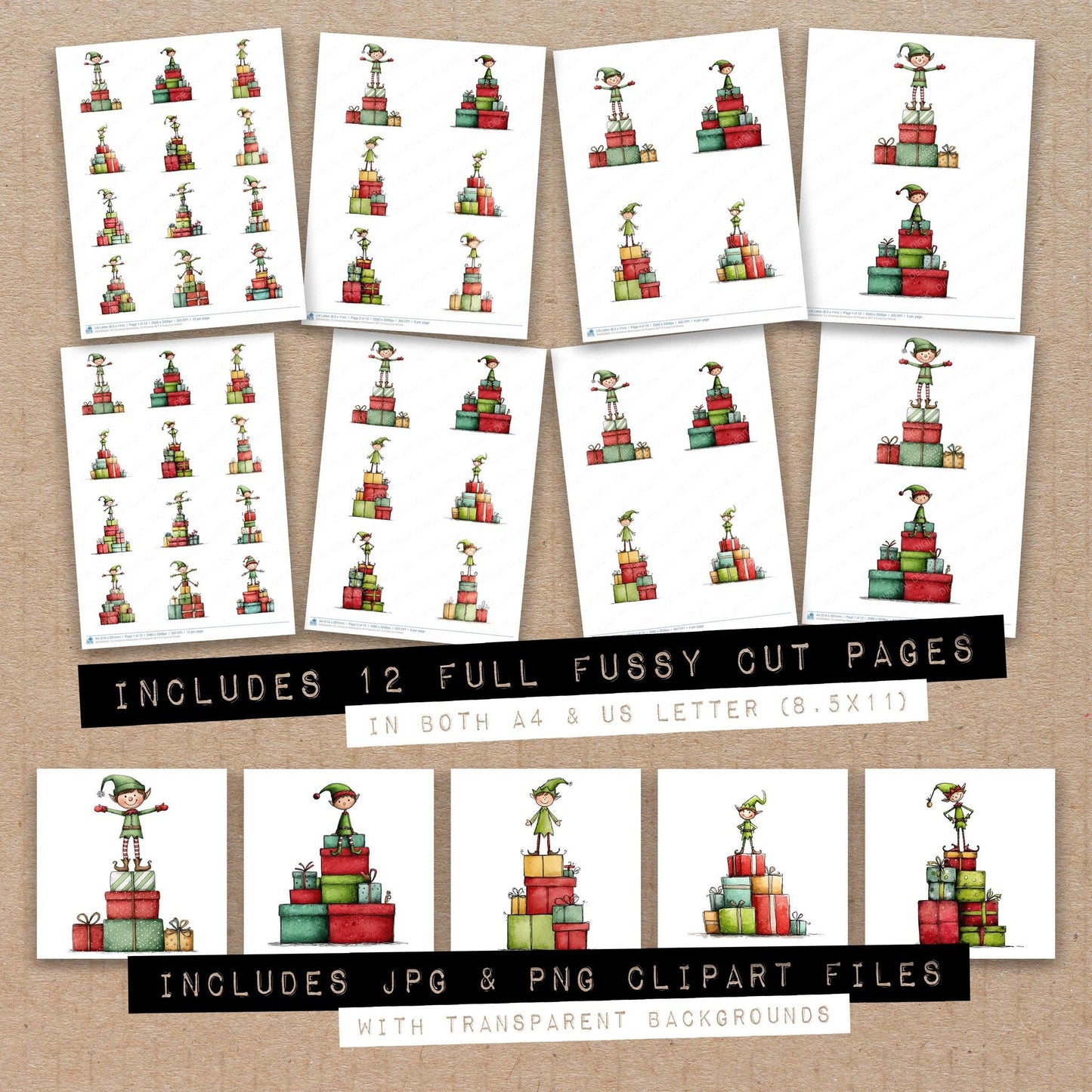 Christmas Watercolour Elf Presents SET A Fussy Cut Sheets (DDD009302)