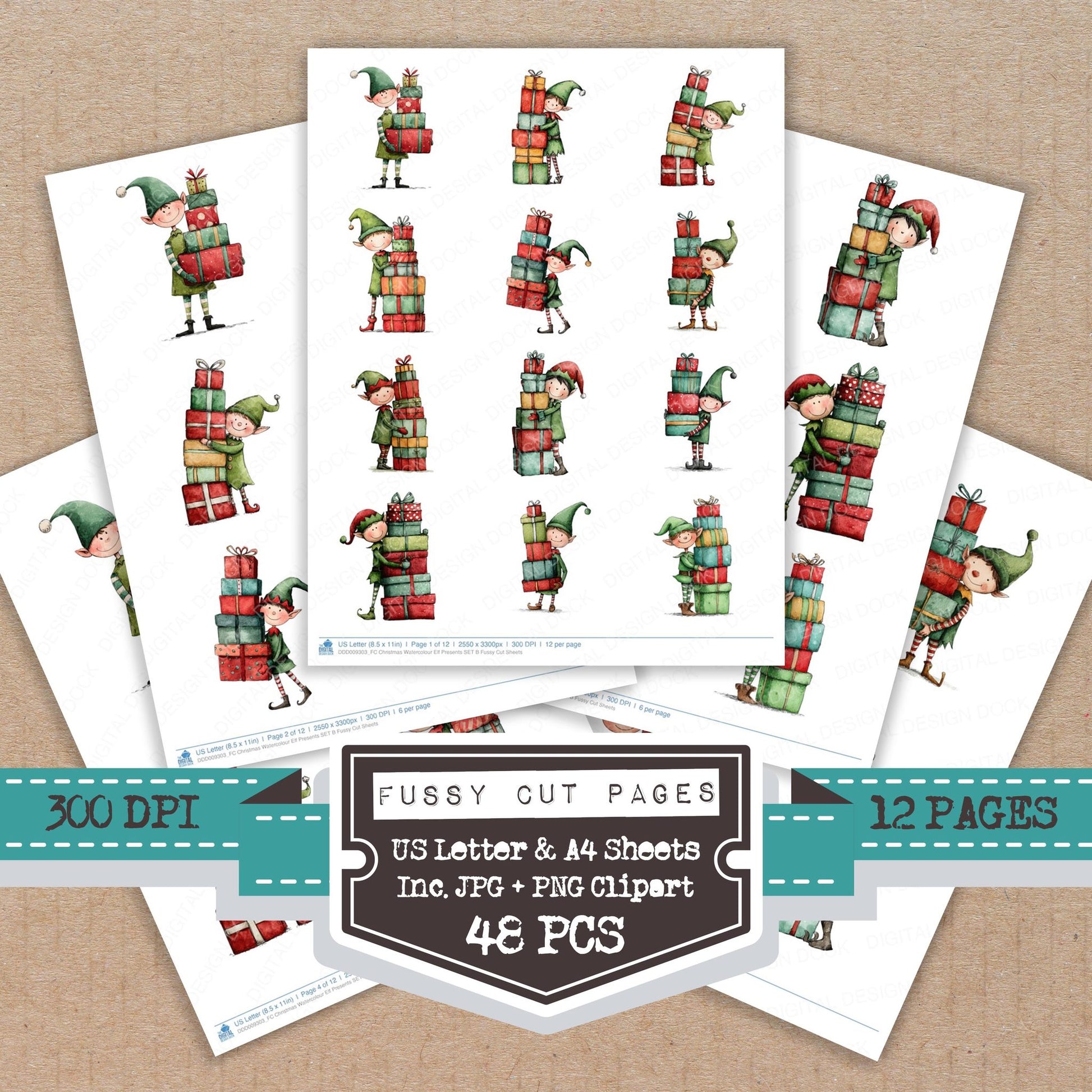 Christmas Watercolour Elf Presents B fussy cut printable sheets for junk journaling, scrapbooking, and paper craft projects
