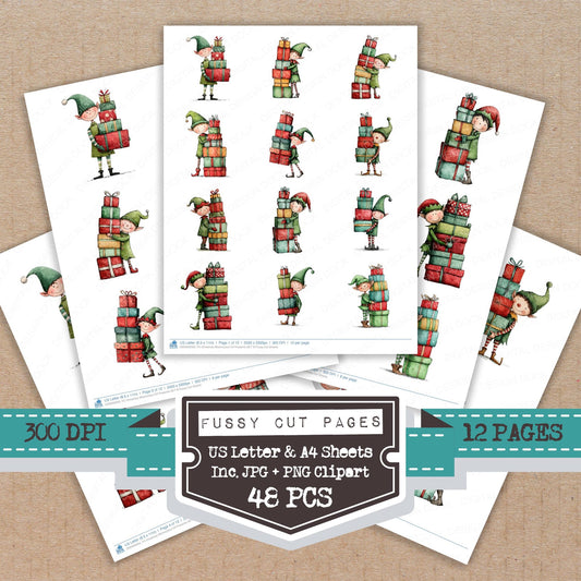 Christmas Watercolour Elf Presents B fussy cut printable sheets for junk journaling, scrapbooking, and paper craft projects