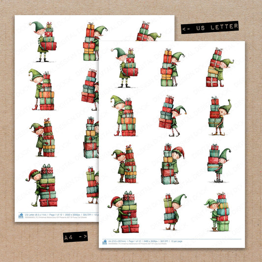 A4 and US Letter format comparison showing Christmas Watercolour Elf Presents B fussy cut pages for print and cut crafting