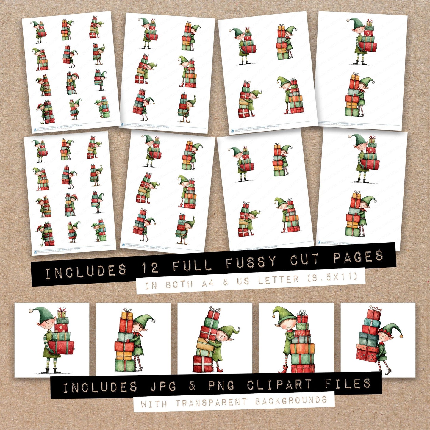 Full collection view of Christmas Watercolour Elf Presents B fussy cut sheets with bonus clipart JPG and PNG files