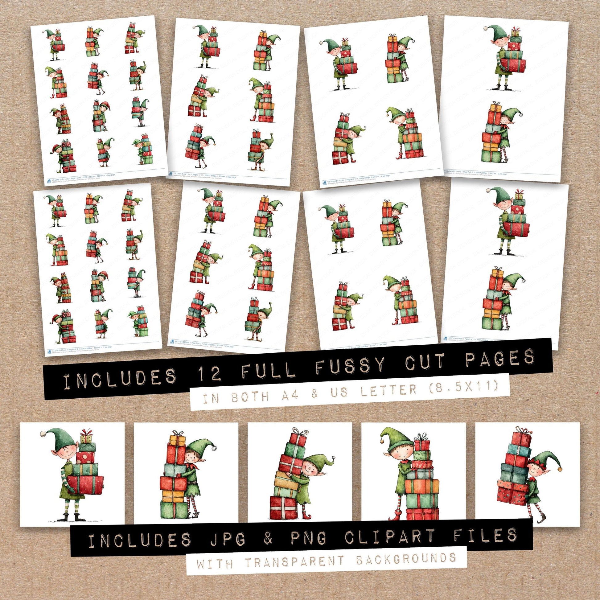 Full collection view of Christmas Watercolour Elf Presents B fussy cut sheets with bonus clipart JPG and PNG files
