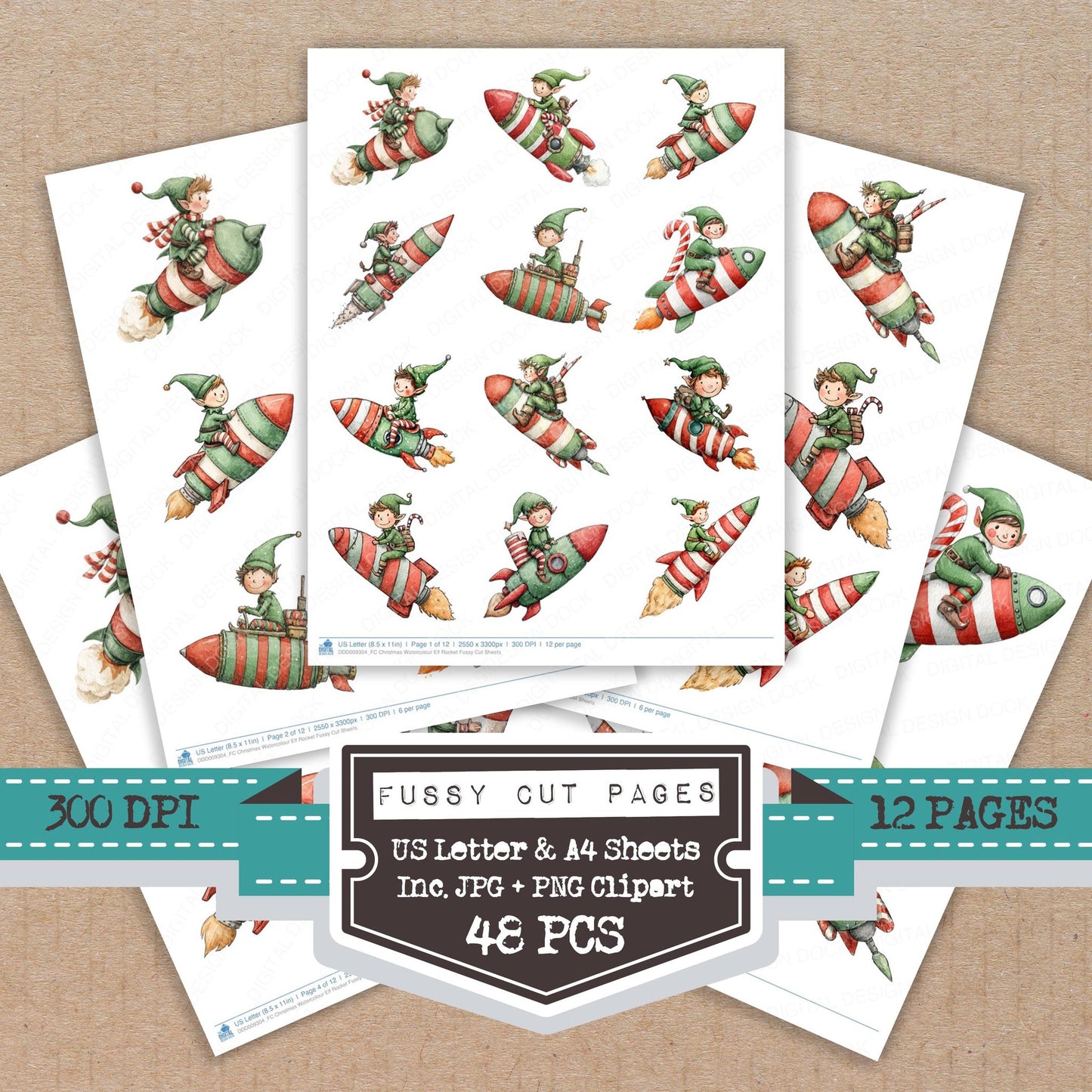 Christmas Watercolour Elf Rocket fussy cut printable sheets for junk journaling, scrapbooking, and paper craft projects