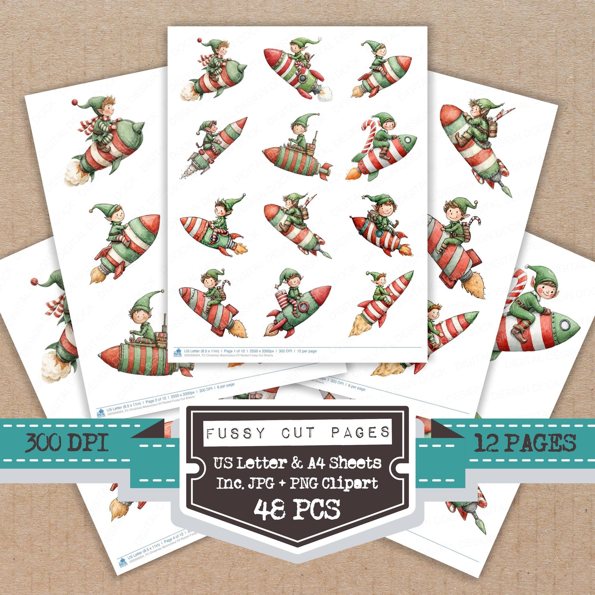 Christmas Watercolour Elf Rocket fussy cut printable sheets for junk journaling, scrapbooking, and paper craft projects