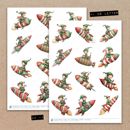 A4 and US Letter format comparison showing Christmas Watercolour Elf Rocket fussy cut pages for print and cut crafting