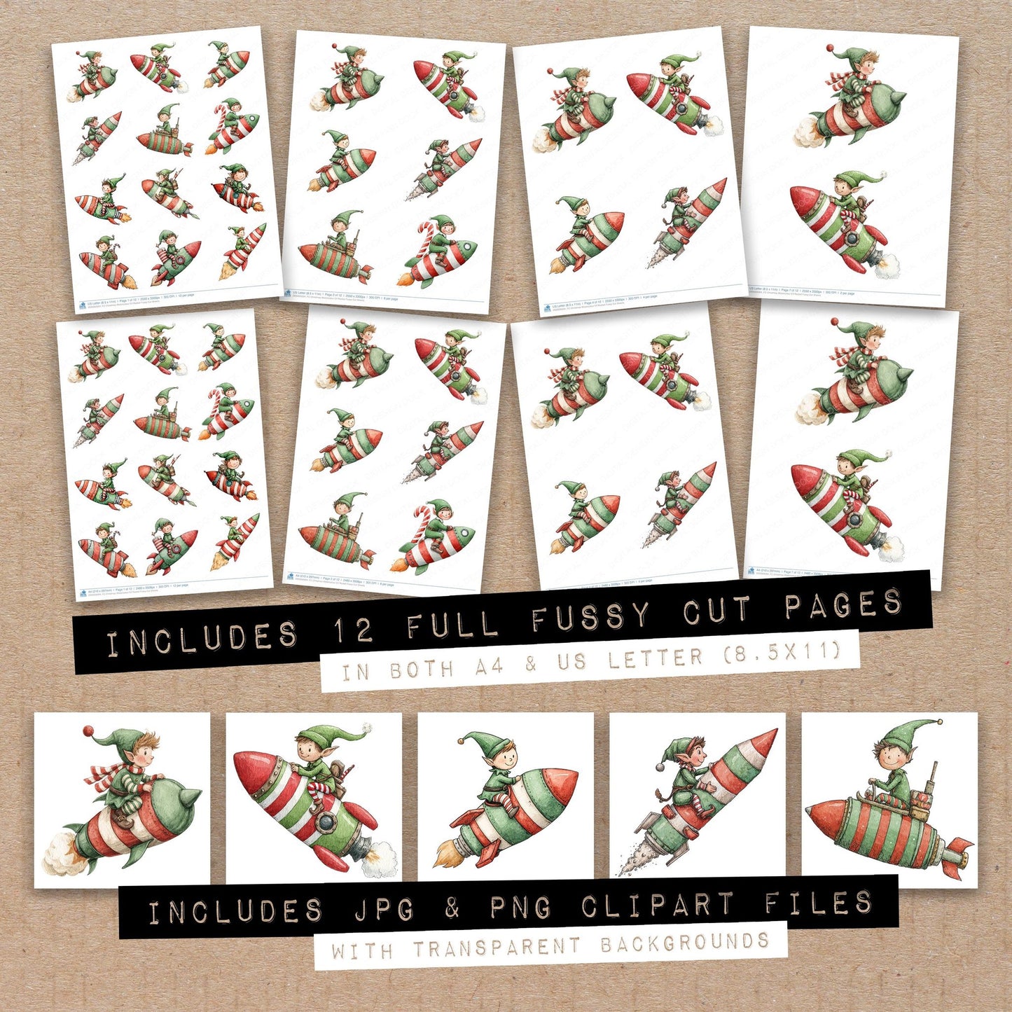 Full collection view of Christmas Watercolour Elf Rocket fussy cut sheets with bonus clipart JPG and PNG files