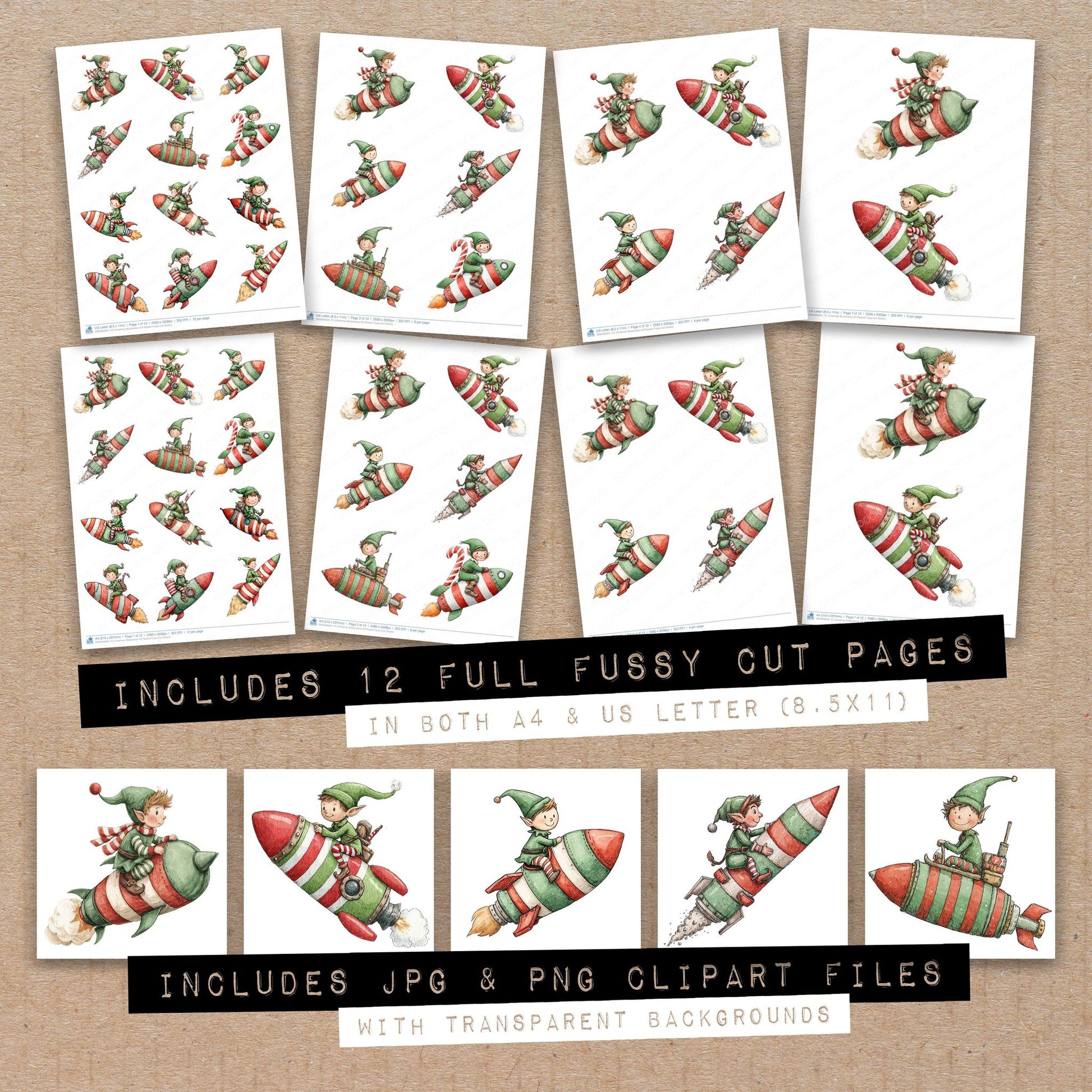 Full collection view of Christmas Watercolour Elf Rocket fussy cut sheets with bonus clipart JPG and PNG files