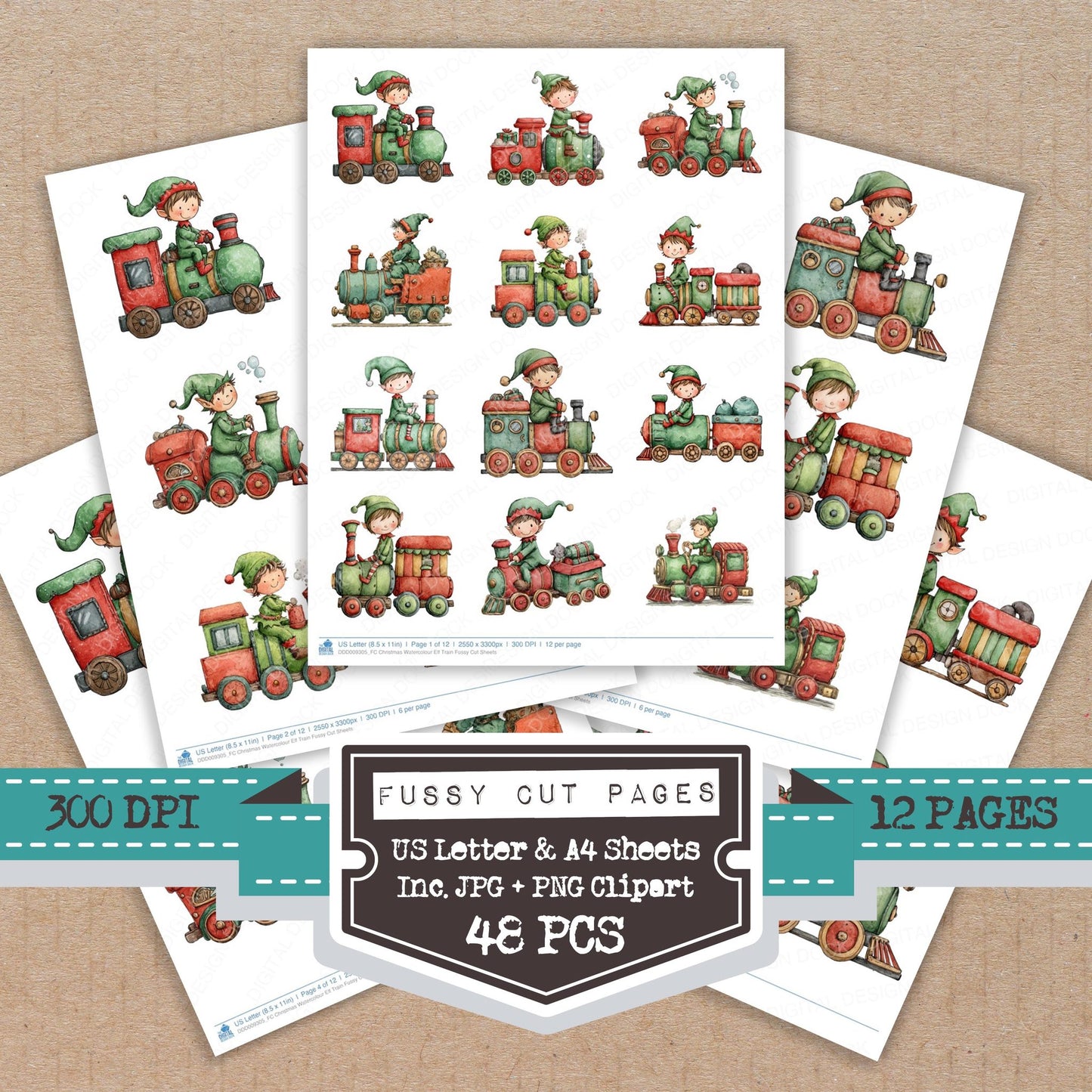 Christmas Watercolour Elf Train fussy cut printable sheets for junk journaling, scrapbooking, and paper craft projects