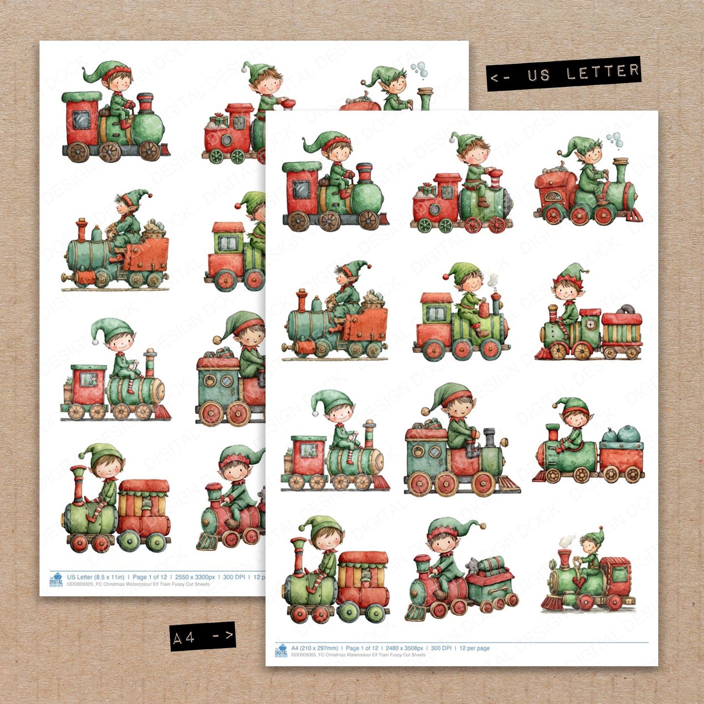 A4 and US Letter format comparison showing Christmas Watercolour Elf Train fussy cut pages for print and cut crafting