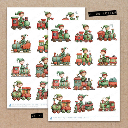 A4 and US Letter format comparison showing Christmas Watercolour Elf Train fussy cut pages for print and cut crafting