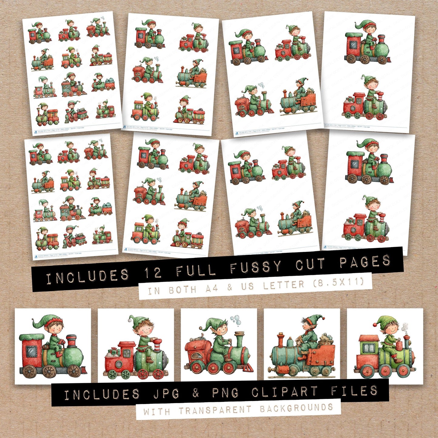 Full collection view of Christmas Watercolour Elf Train fussy cut sheets with bonus clipart JPG and PNG files