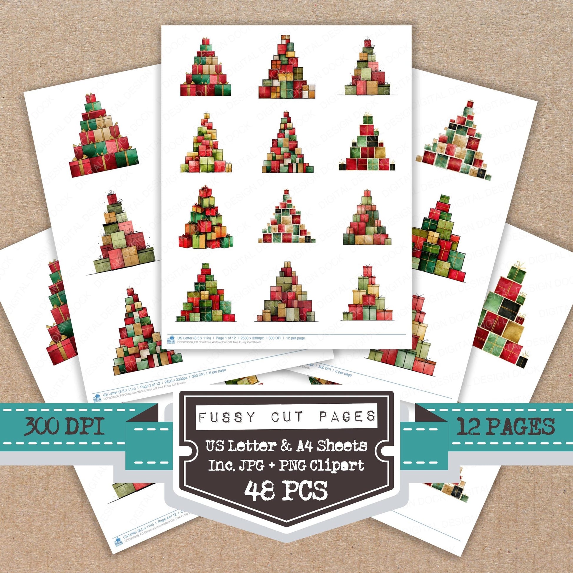 Christmas Watercolour Gift Tree fussy cut printable sheets for junk journaling, scrapbooking, and paper craft projects