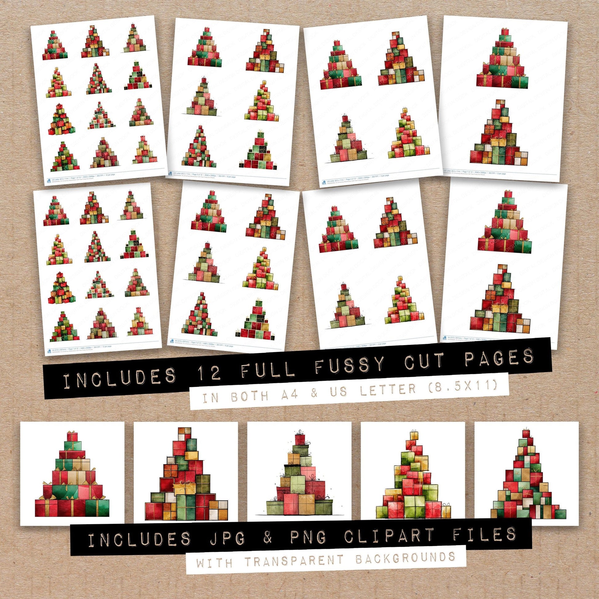 Full collection view of Christmas Watercolour Gift Tree fussy cut sheets with bonus clipart JPG and PNG files
