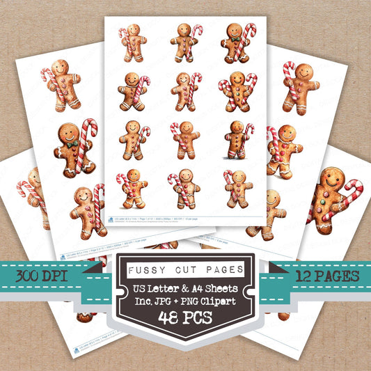 Christmas Watercolour Gingerbread Candy fussy cut printable sheets for junk journaling, scrapbooking, and paper craft projects