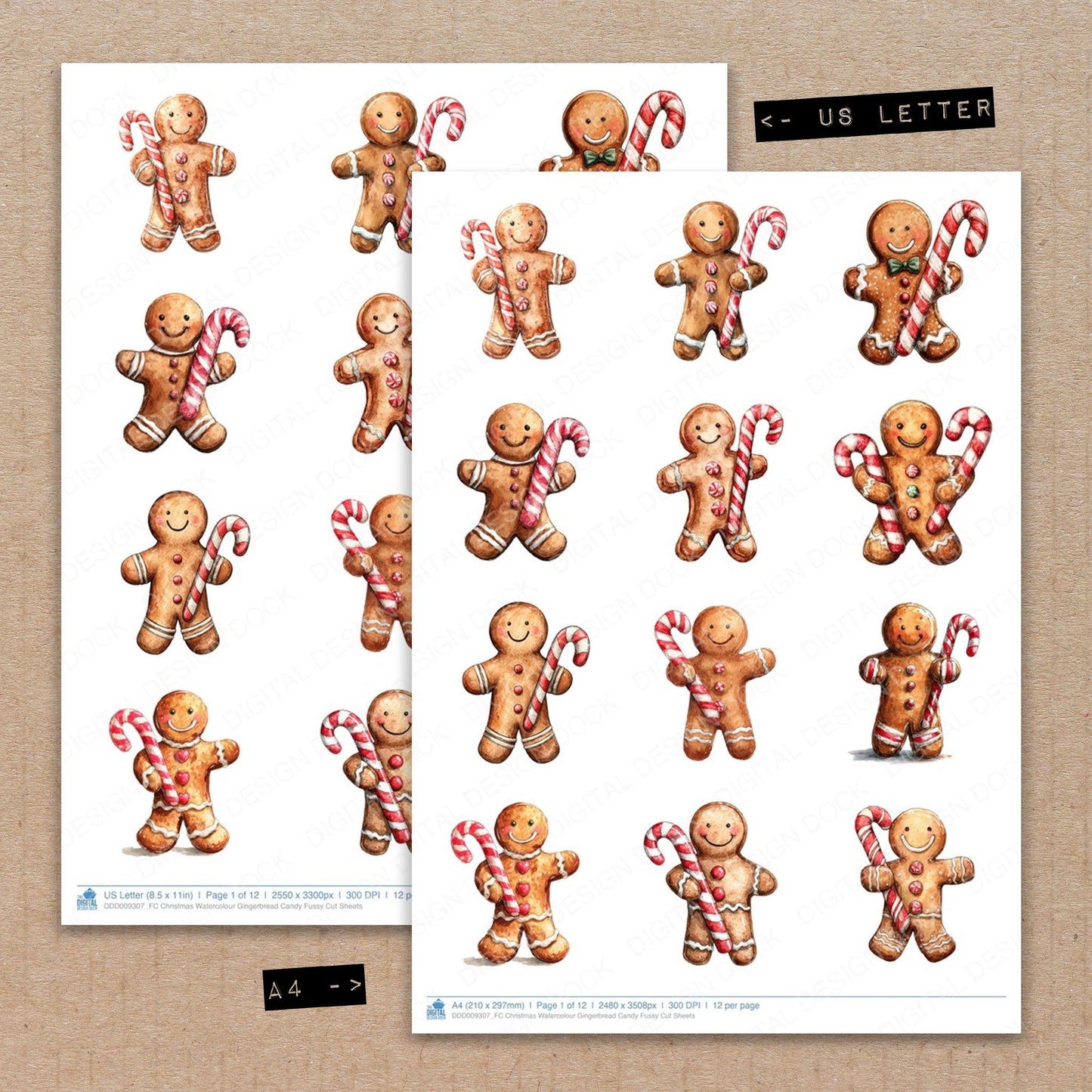 A4 and US Letter format comparison showing Christmas Watercolour Gingerbread Candy fussy cut pages for print and cut crafting